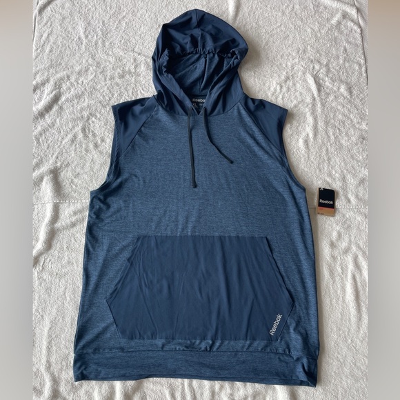 NWT Mens Reebok Sleeveless Hoodie Workout Shirt 24/7 Jersey, Heather Blue XL - Picture 1 of 5